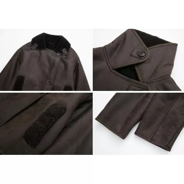chouyatou Womens Winter Sherpa Lined Faux Leather Jacket Casual Motorcycle Oversized Leather JacketBrown