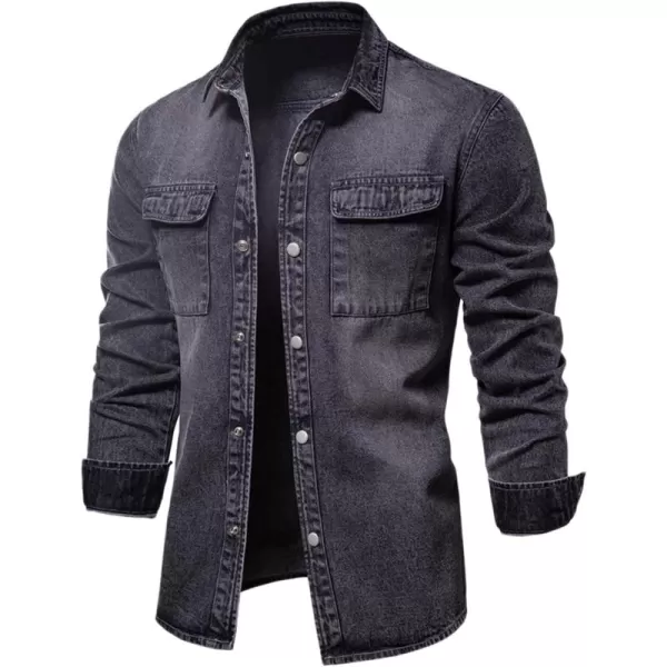 chouyatou Mens Casual Long Sleeve Button Up Cowboy Weatern Distressed Denim Work ShirtDark Grey