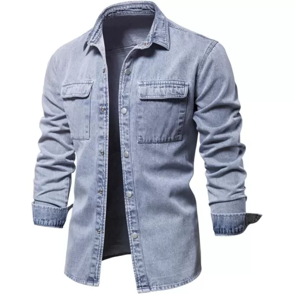 chouyatou Mens Casual Long Sleeve Button Up Cowboy Weatern Distressed Denim Work ShirtLight Blue