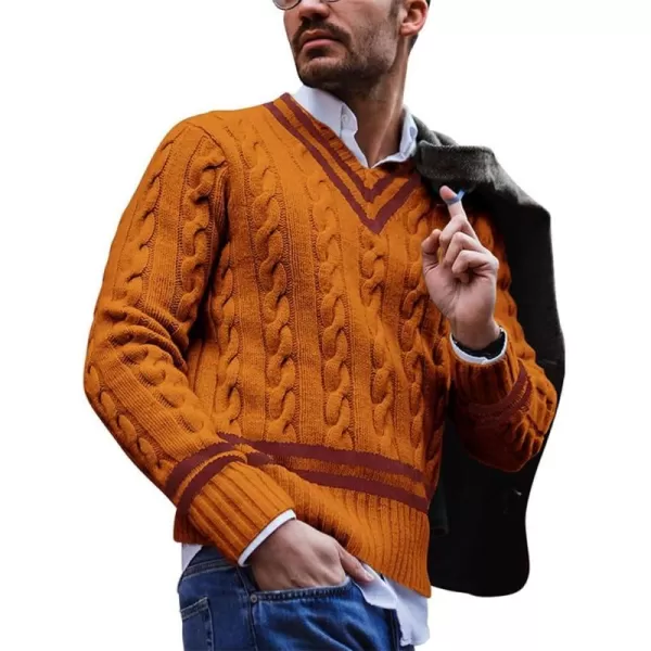 chouyatou Mens Casual V Neck Contrast Stripes Cable Knit Pullover Sweater TopsOrange