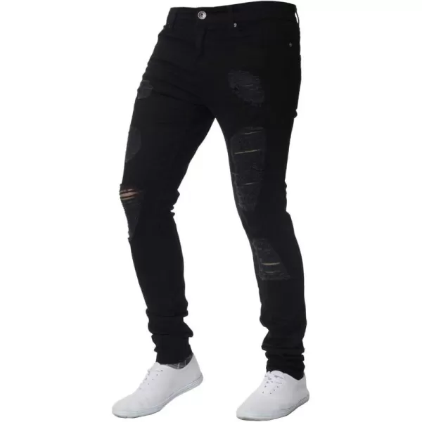 chouyatou Mens Distressed Tapered Leg Ripped Holes Long Denim Pants JeansBlack