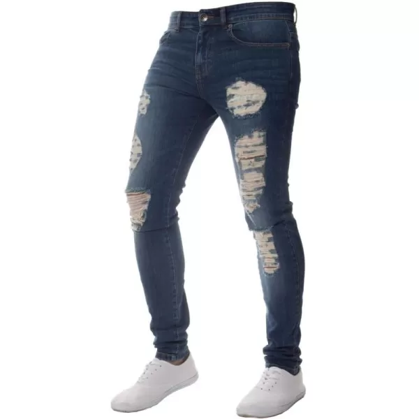 chouyatou Mens Distressed Tapered Leg Ripped Holes Long Denim Pants JeansDark Blue