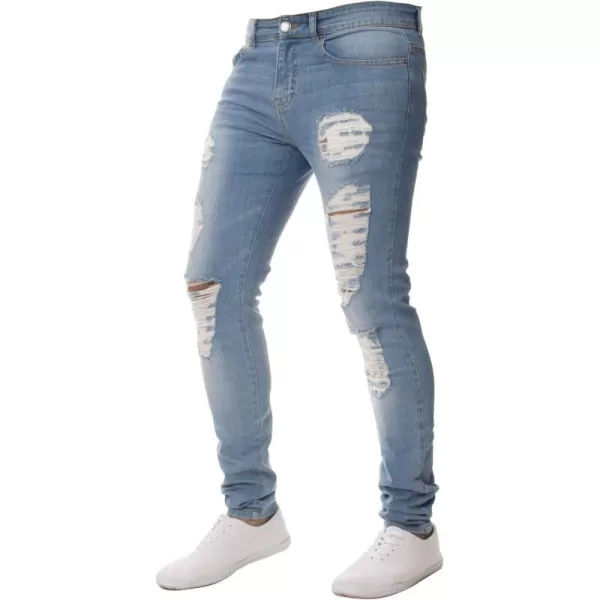 chouyatou Mens Distressed Tapered Leg Ripped Holes Long Denim Pants JeansLight Blue
