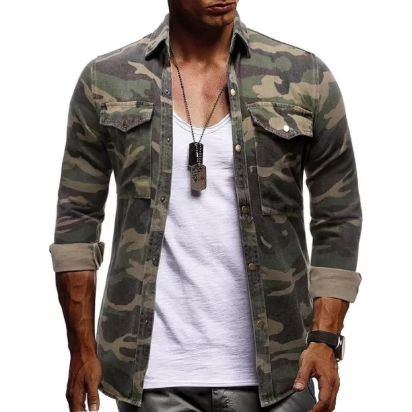 chouyatou Mens Military Style ShortLong Sleeve Camo Printed Button Down ShirtGreen Long