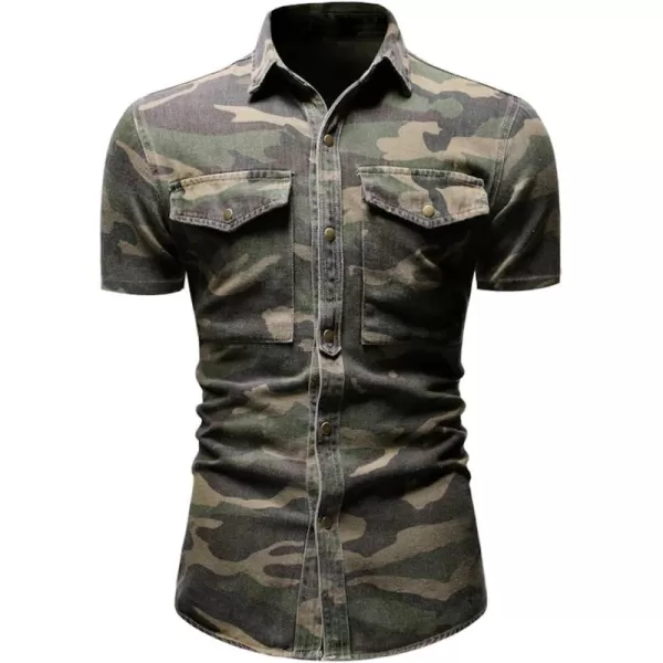 chouyatou Mens Military Style ShortLong Sleeve Camo Printed Button Down ShirtGreen Short