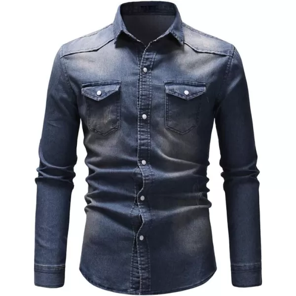 chouyatou Mens Western Distressed Wash Work Button Down Denim Jean ShirtDark Blue
