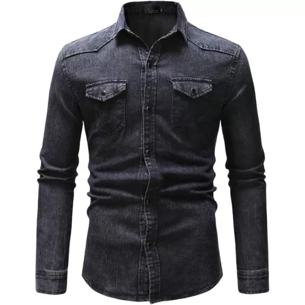 chouyatou Mens Western Distressed Wash Work Button Down Denim Jean ShirtDark Grey