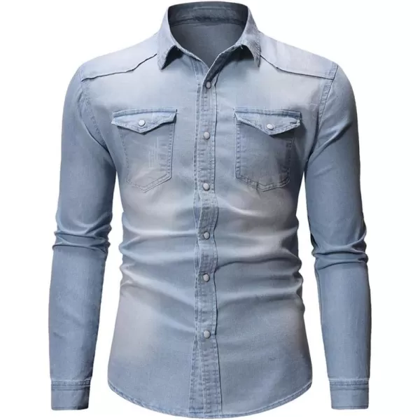 chouyatou Mens Western Distressed Wash Work Button Down Denim Jean ShirtLight Blue