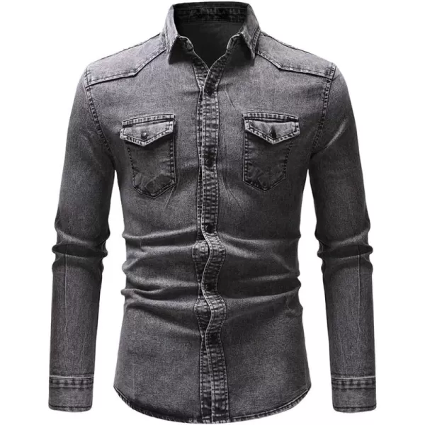 chouyatou Mens Western Distressed Wash Work Button Down Denim Jean ShirtLight Grey