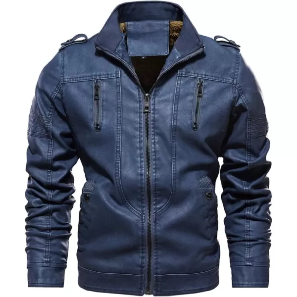 chouyatou Mens Winter Quilted Sherpa Lined Moto Distressed Faux Leather Biker JacketBlue