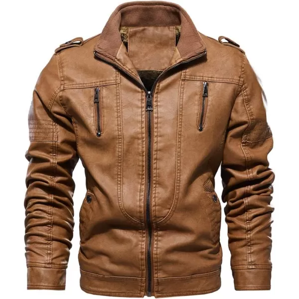 chouyatou Mens Winter Quilted Sherpa Lined Moto Distressed Faux Leather Biker JacketBrown