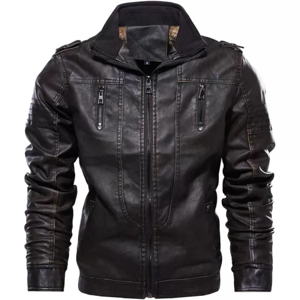 chouyatou Mens Winter Quilted Sherpa Lined Moto Distressed Faux Leather Biker JacketCoffee