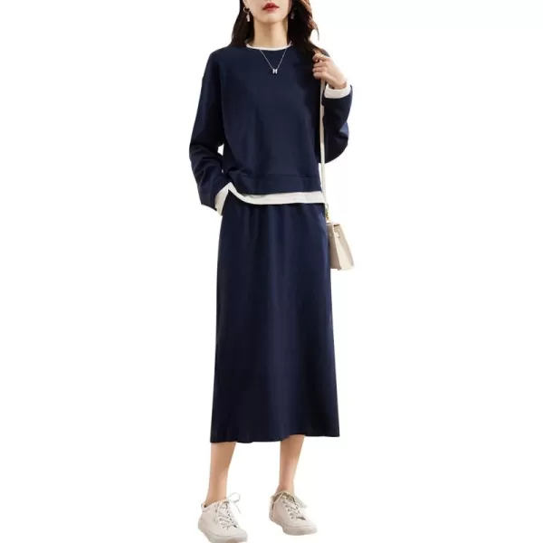 chouyatou Womens 2 Piece Outfits Crewneck Sweatshirt and ALine Skirt Sets SweatsuitNavy Blue