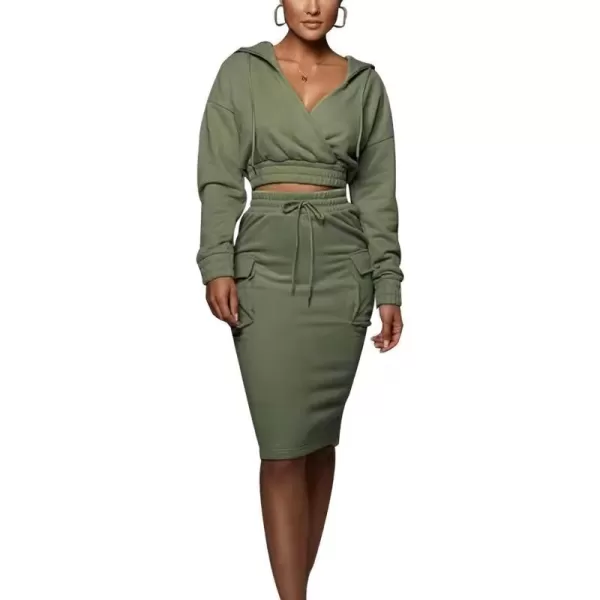 chouyatou Womens 2 Piece Outfits Sweatsuits Crop Hoodie Sweatshirt Bodycon Pencil Skirt SetsArmy Green