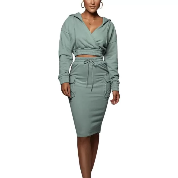 chouyatou Womens 2 Piece Outfits Sweatsuits Crop Hoodie Sweatshirt Bodycon Pencil Skirt SetsBlue