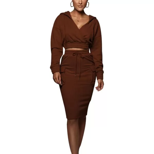 chouyatou Womens 2 Piece Outfits Sweatsuits Crop Hoodie Sweatshirt Bodycon Pencil Skirt SetsCoffee