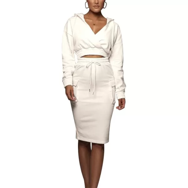 chouyatou Womens 2 Piece Outfits Sweatsuits Crop Hoodie Sweatshirt Bodycon Pencil Skirt SetsWhite