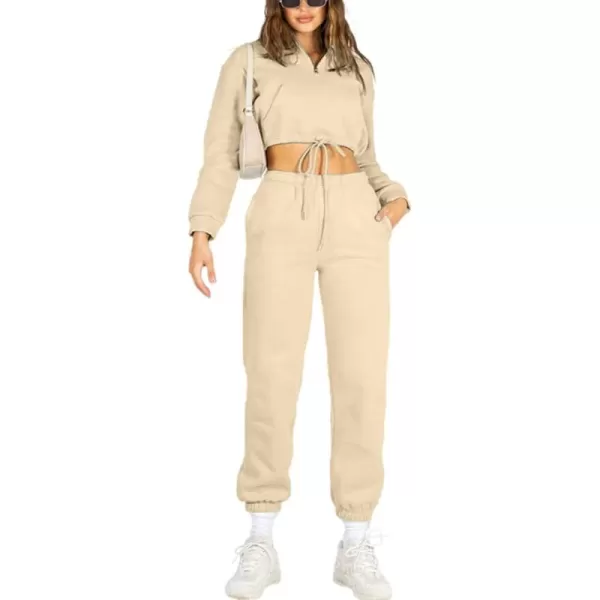 chouyatou Womens 2 Piece Outfits Sweatsuits Crop Stand Collar Sweatshirt Tapered Leg Pant SetsApricot
