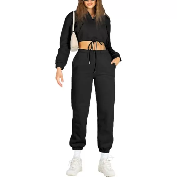 chouyatou Womens 2 Piece Outfits Sweatsuits Crop Stand Collar Sweatshirt Tapered Leg Pant SetsBlack