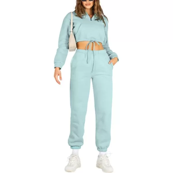 chouyatou Womens 2 Piece Outfits Sweatsuits Crop Stand Collar Sweatshirt Tapered Leg Pant SetsLight Blue
