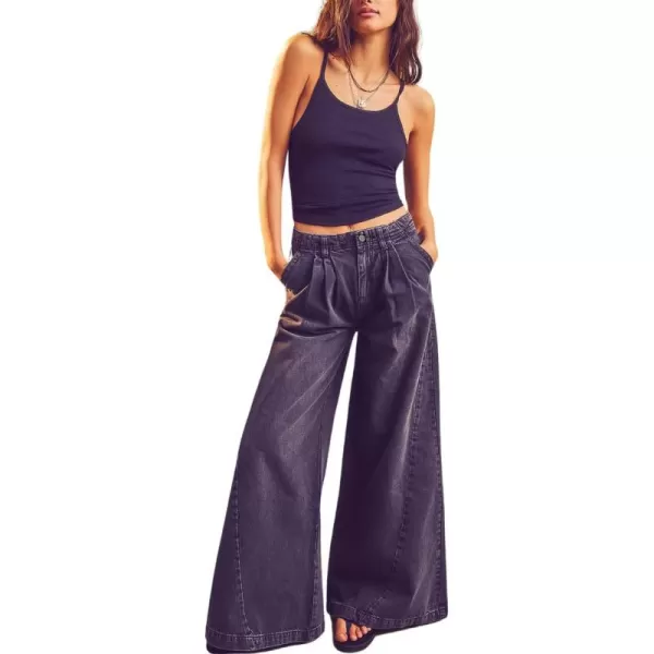 chouyatou Womens Boyfriend Denim Cargo Pants Y2K Baggy Wide Leg Casual Dressy Jeans CulottesBlack