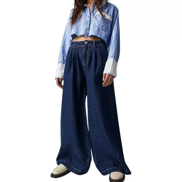 chouyatou Womens Boyfriend Denim Cargo Pants Y2K Baggy Wide Leg Casual Dressy Jeans CulottesDark Blue