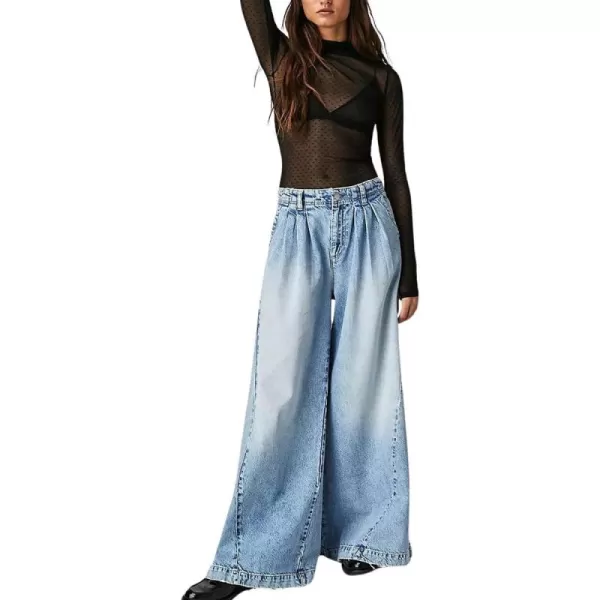 chouyatou Womens Boyfriend Denim Cargo Pants Y2K Baggy Wide Leg Casual Dressy Jeans CulottesLight Blue