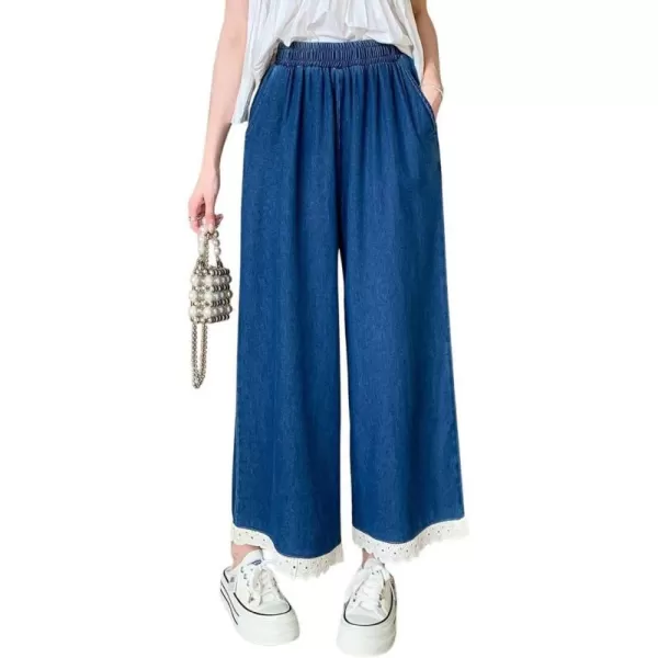 chouyatou Womens Casual Elastic Waist Denim Pants Lace Eyelet Hem Wide Leg Jean Capris Palazzo Culottes with PocketsDark Blue