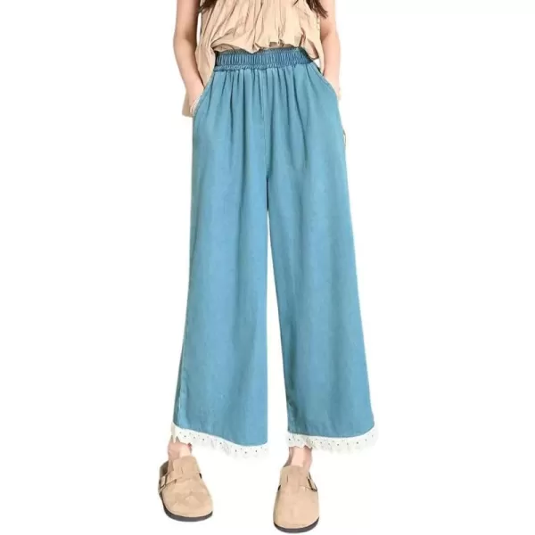 chouyatou Womens Casual Elastic Waist Denim Pants Lace Eyelet Hem Wide Leg Jean Capris Palazzo Culottes with PocketsLight Blue