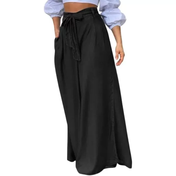 chouyatou Womens Casual Tie Knot Denim Pant High Waist Wide Leg Dressy Jean Pants Palazzo Culottes with PocketsBlack