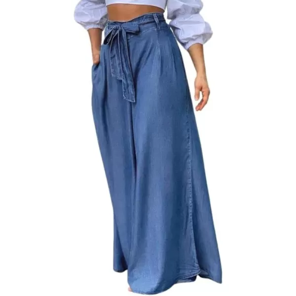 chouyatou Womens Casual Tie Knot Denim Pant High Waist Wide Leg Dressy Jean Pants Palazzo Culottes with PocketsBlue