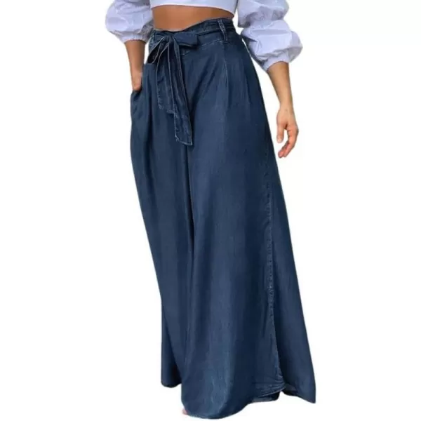 chouyatou Womens Casual Tie Knot Denim Pant High Waist Wide Leg Dressy Jean Pants Palazzo Culottes with PocketsDark Blue