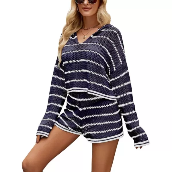 chouyatou Womens Crochet Knit 2 Piece Outfits Striped Oversized Pullover Hoodie and Wide Leg Shorts SetNavy Blue