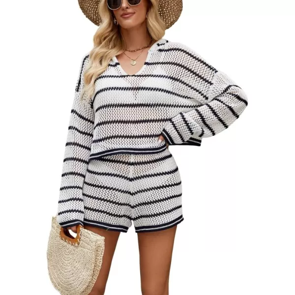 chouyatou Womens Crochet Knit 2 Piece Outfits Striped Oversized Pullover Hoodie and Wide Leg Shorts SetWhite