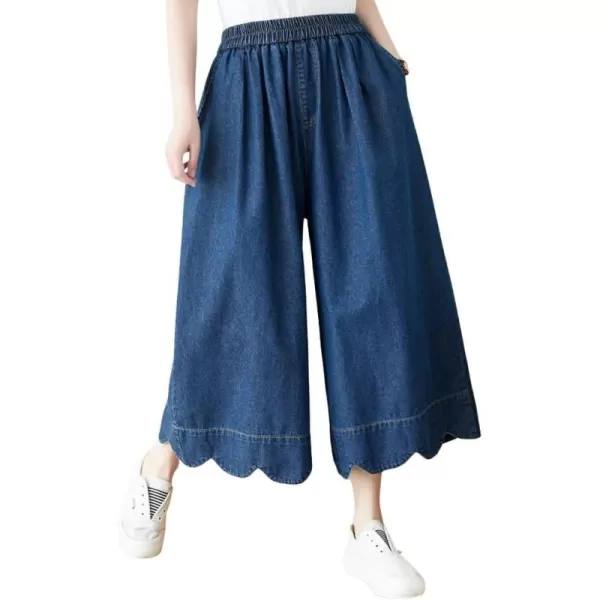 chouyatou Womens Cute Scalloped Hem Baggy Capri Jeans Wide Leg Elastic Waist Cropped Denim Pants with PocketsDark Blue