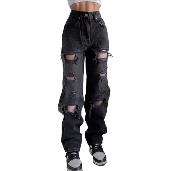 chouyatou Womens Distressed Ripped High Waist Wide Leg Y2k Baggy Jeans Denim PantsBlack