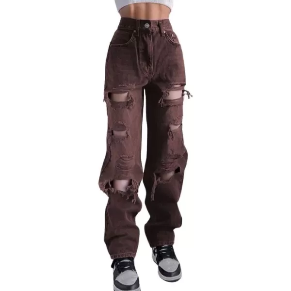 chouyatou Womens Distressed Ripped High Waist Wide Leg Y2k Baggy Jeans Denim PantsCoffee