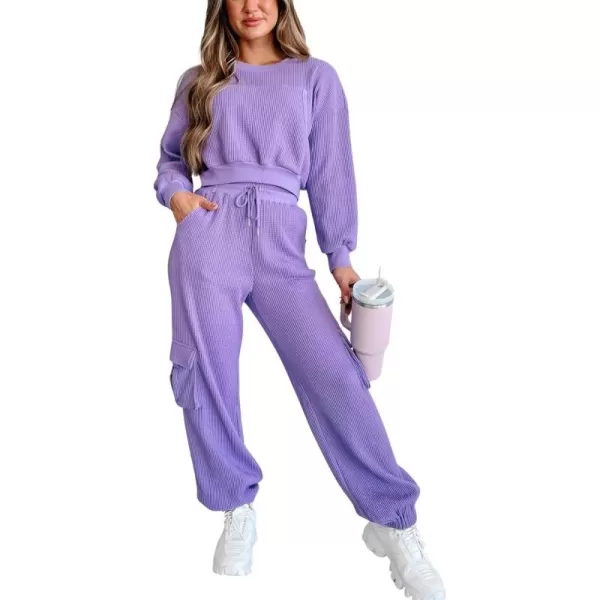 chouyatou Womens Fall 2 Piece Outfits Waffle Knit Sweatsuits Crop Sweatshirt Y2K Cargo Sweatpants SetsPurple