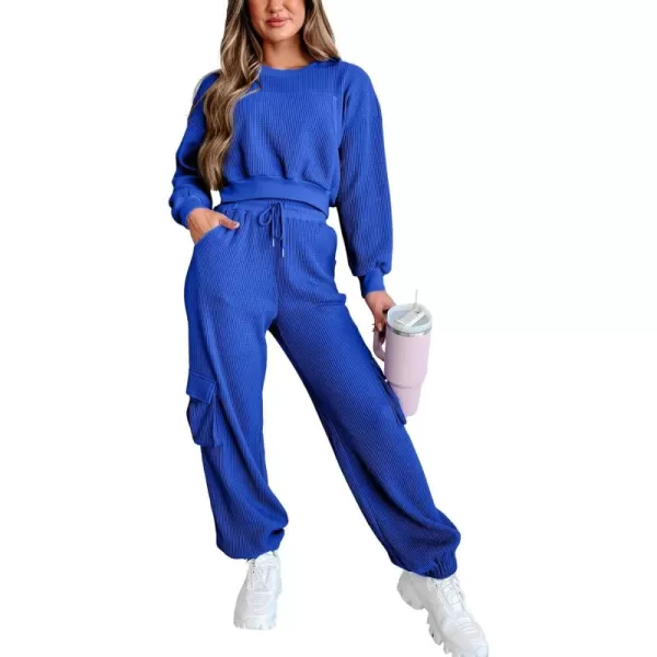 chouyatou Womens Fall 2 Piece Outfits Waffle Knit Sweatsuits Crop Sweatshirt Y2K Cargo Sweatpants SetsRoyal Blue
