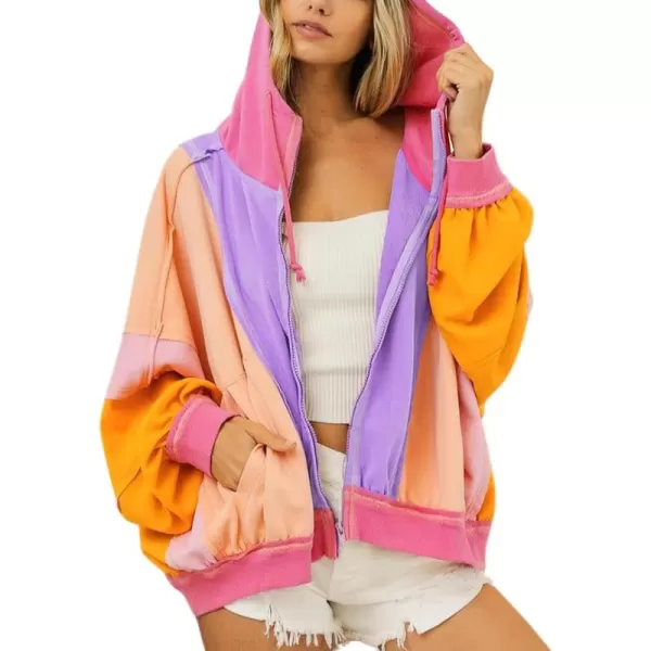 chouyatou Womens Fall Warm Color Block Zip Up Jacket Oversized Winter Casual Y2K Sweatshirt Hoodie TopsOrange