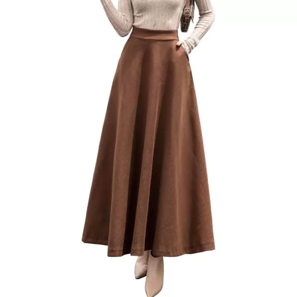 chouyatou Womens Fall Winter ALine Swing Pleated Long Maxi Wool Skater SkirtPocketbrown