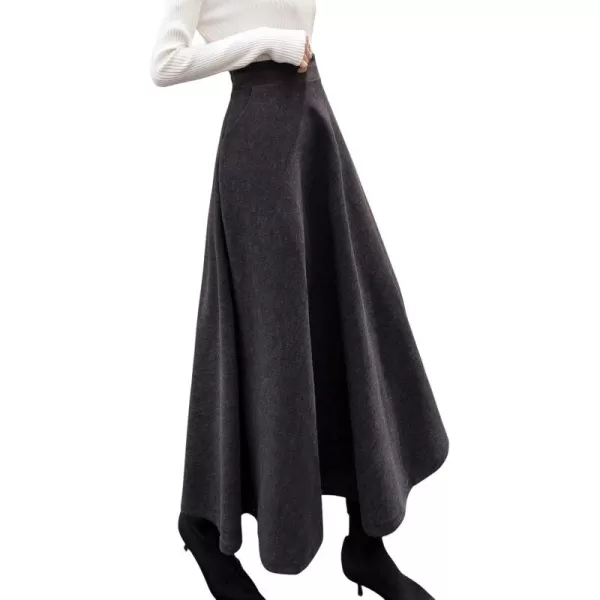 chouyatou Womens Fall Winter ALine Swing Pleated Long Maxi Wool Skater SkirtPocketdark Grey