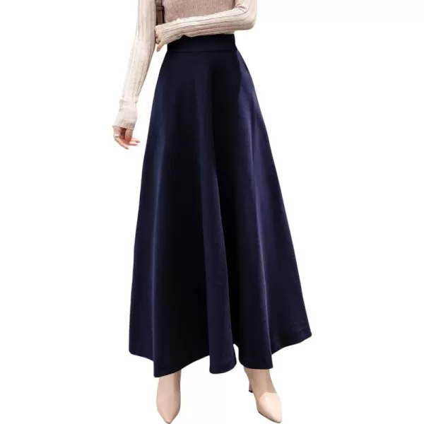 chouyatou Womens Fall Winter ALine Swing Pleated Long Maxi Wool Skater SkirtPocketnavy