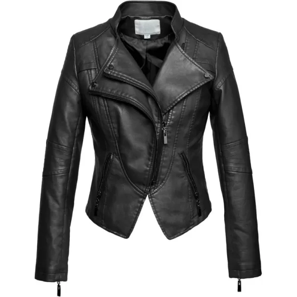 chouyatou Womens Fashion Tailored ZipUp Faux Leather Quilted Racer JacketBlack