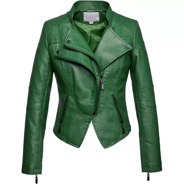chouyatou Womens Fashion Tailored ZipUp Faux Leather Quilted Racer JacketGreen