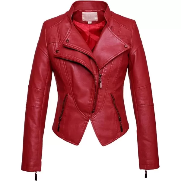 chouyatou Womens Fashion Tailored ZipUp Faux Leather Quilted Racer JacketRed