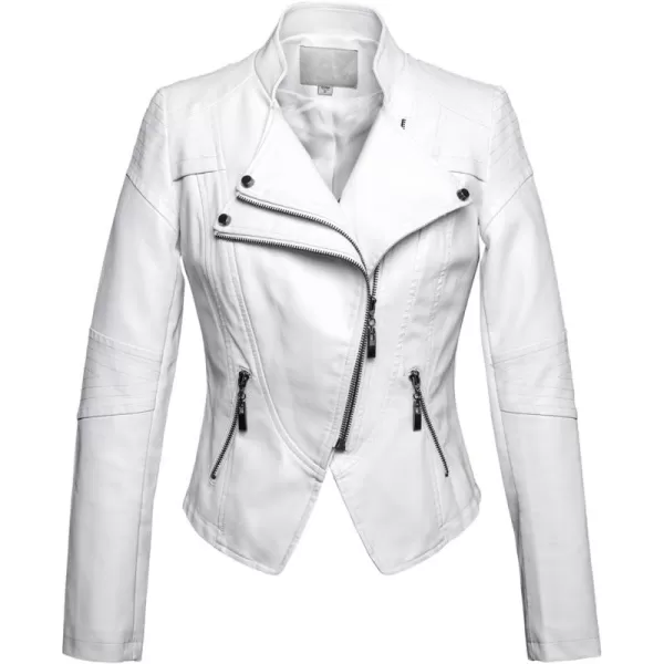 chouyatou Womens Fashion Tailored ZipUp Faux Leather Quilted Racer JacketWhite