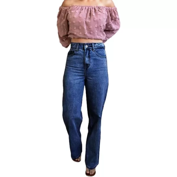 chouyatou Womens Retro Stretchy High Waisted Wide Straight Legs Jeans Denim PantsDark Blue