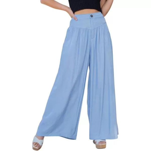 chouyatou Womens Smocked High Waisted Wide Leg Pants Jeans Waist Denim Palazzo PantsLight Blue
