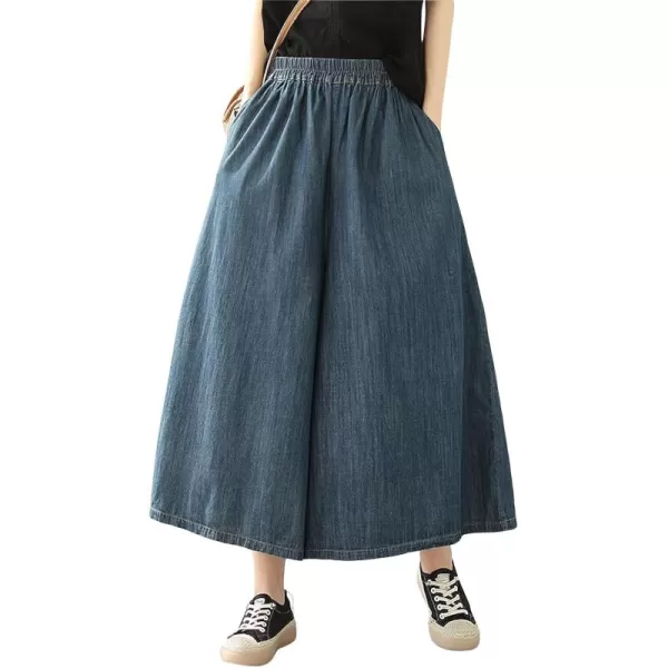 chouyatou Womens Summer Casual Denim Culottes Pants Baggy High Waist Wide Leg Palazzo JeansDark Blue